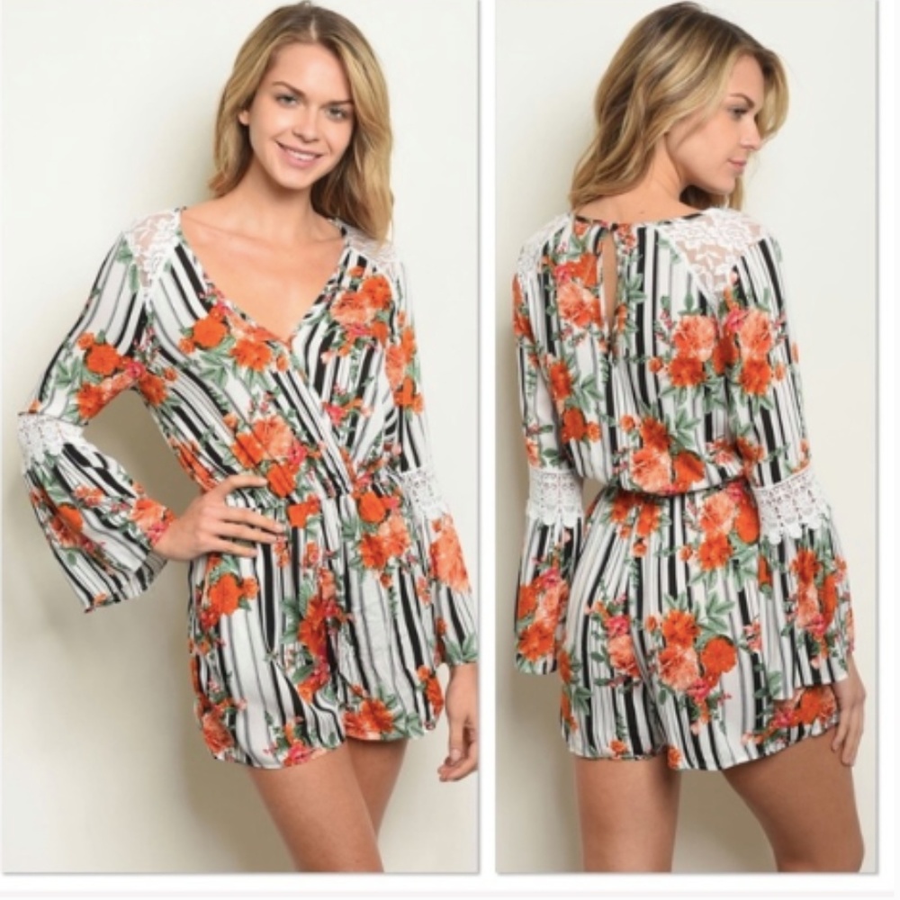 Black & White Floral Stripe Romper